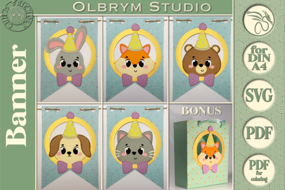 3D SVG Pop-Up Cards: Animals Kids Birthday Party Banner