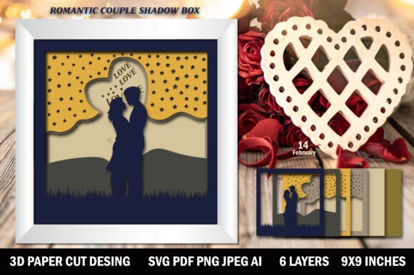 Romantic Couple Paper Cut Shadow Box 3D SVG for Valentine's Day